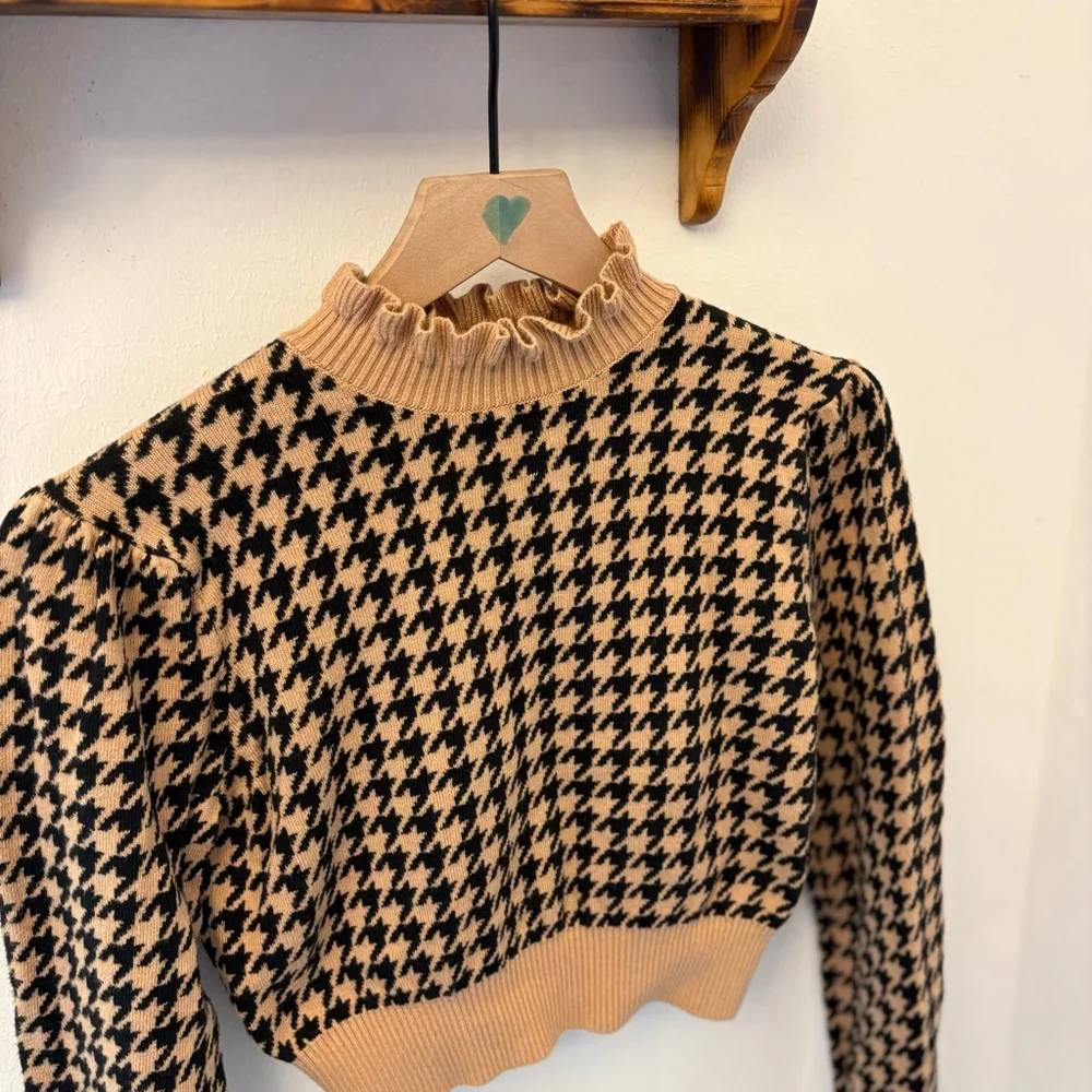 Janie and Jack Houndstooth Crop Sweater Girls 16 | Brown Black | Ruffle Collar